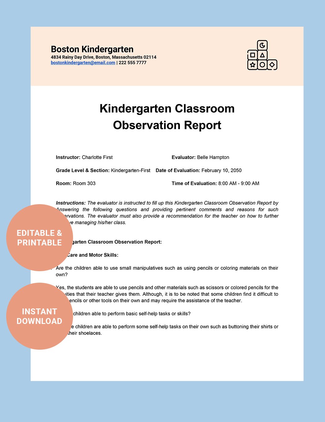 Kindergarten Classroom Observation Report Template