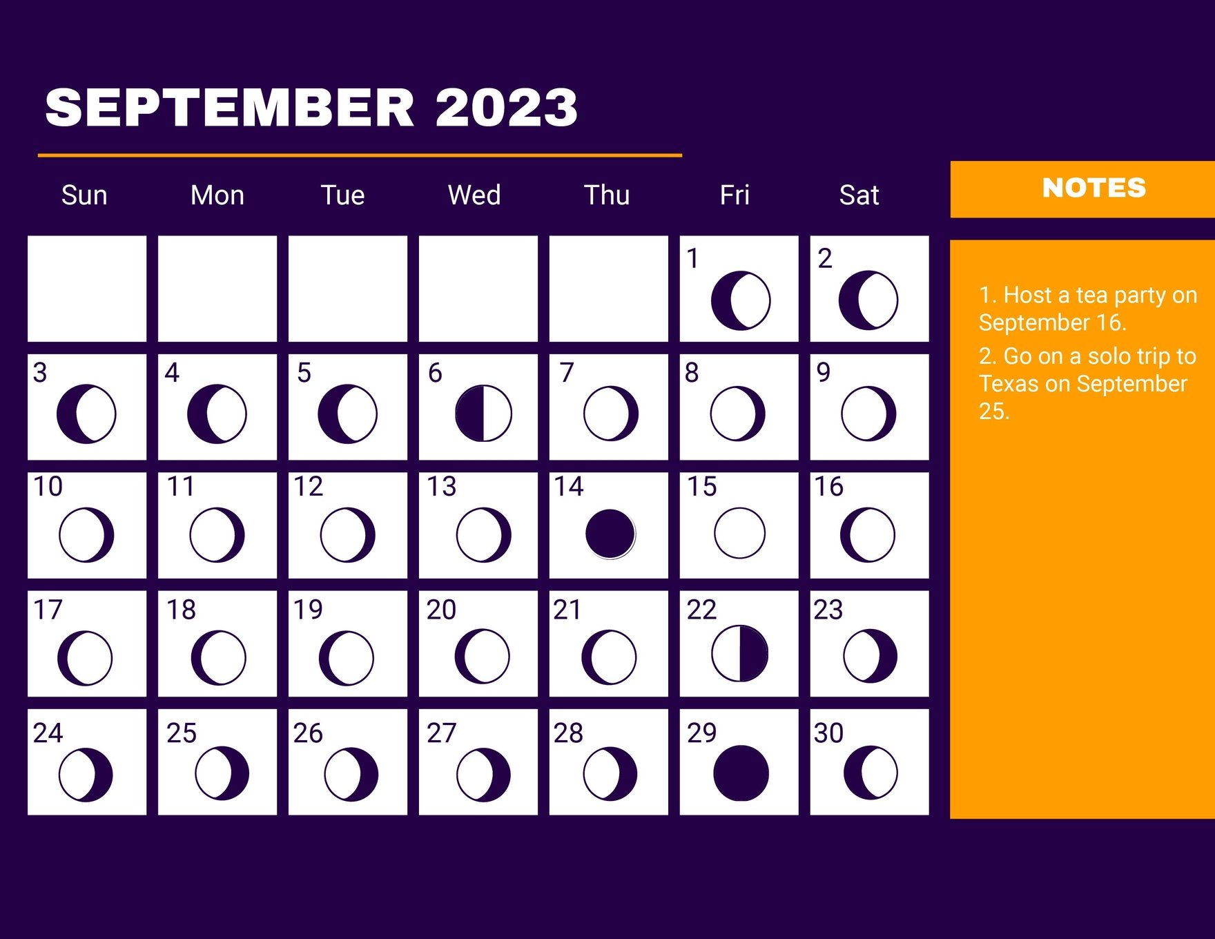 September 2023 Calendar Template With Moon Phases in Illustrator, EPS