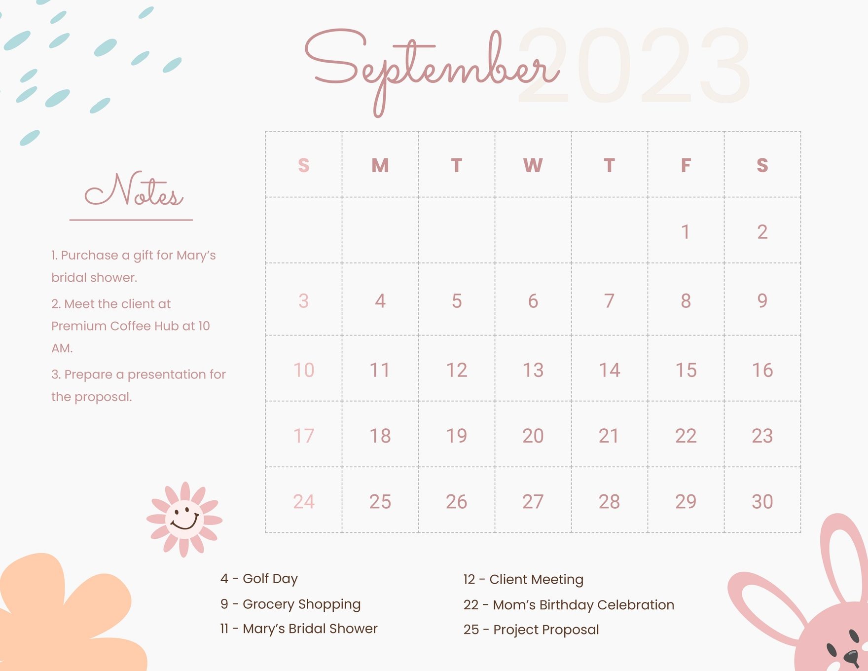 Cute September 2023 Calendar Template