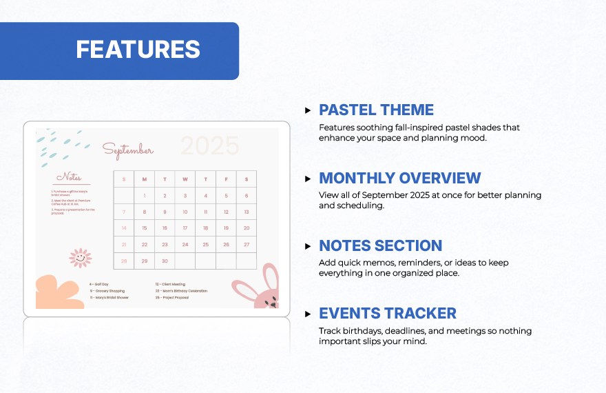 Cute September 2025 Calendar Template
