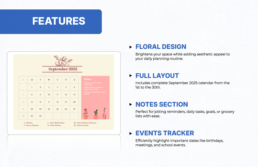 Floral September 2025 Calendar Template