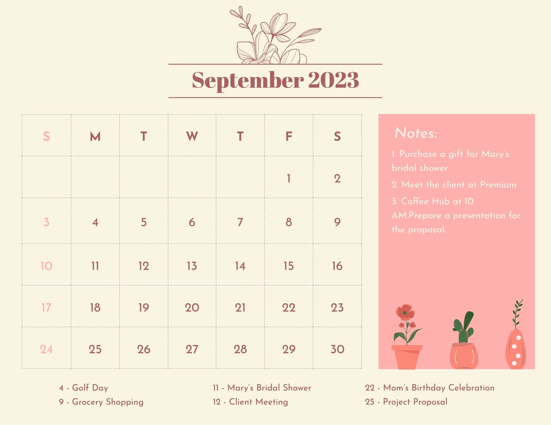 Floral September 2023 Calendar Template