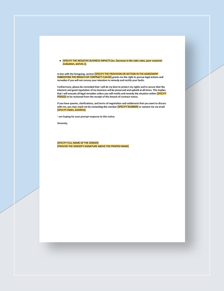 Restaurant Breach of Contract Notice Template