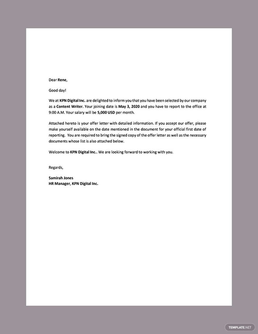 Job Offer Letter Sample For Employers Template in Google Docs, Word, Pages, PDF - Download | Template.net