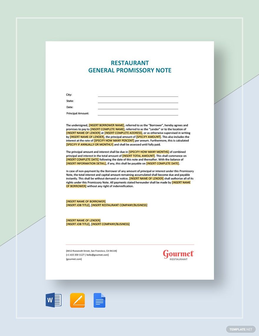 Free Restaurant General Promissory Note Template