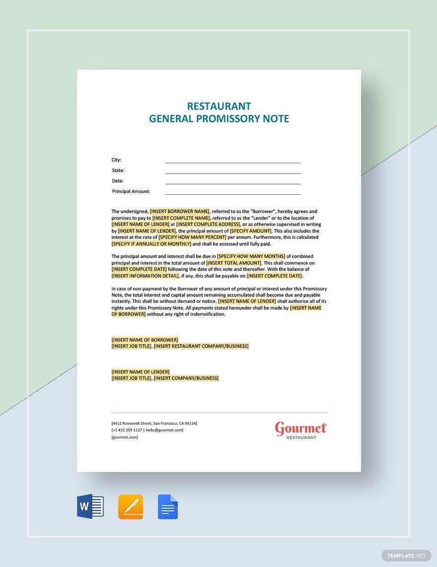 Restaurant General Promissory Note Template in Word, Pages, Google Docs - Download | Template.net