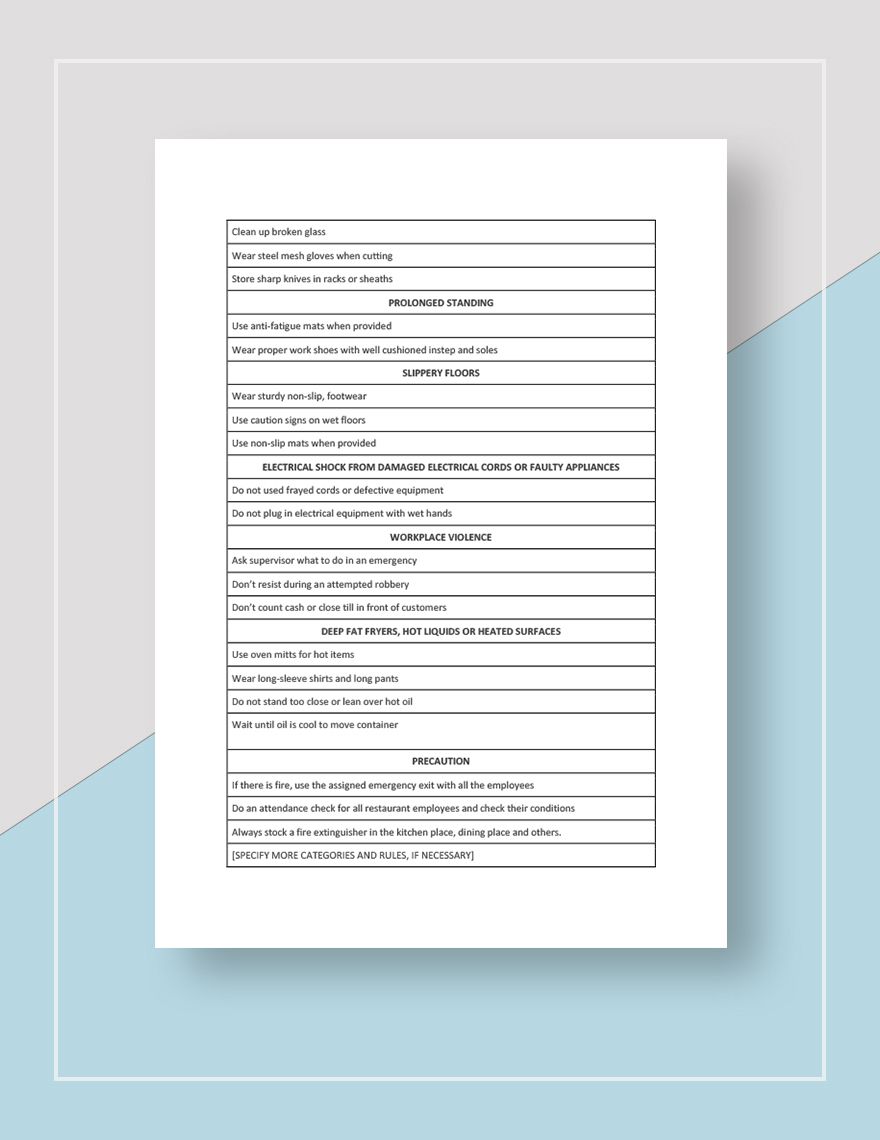 Restaurant Workplace Safety Rules Template