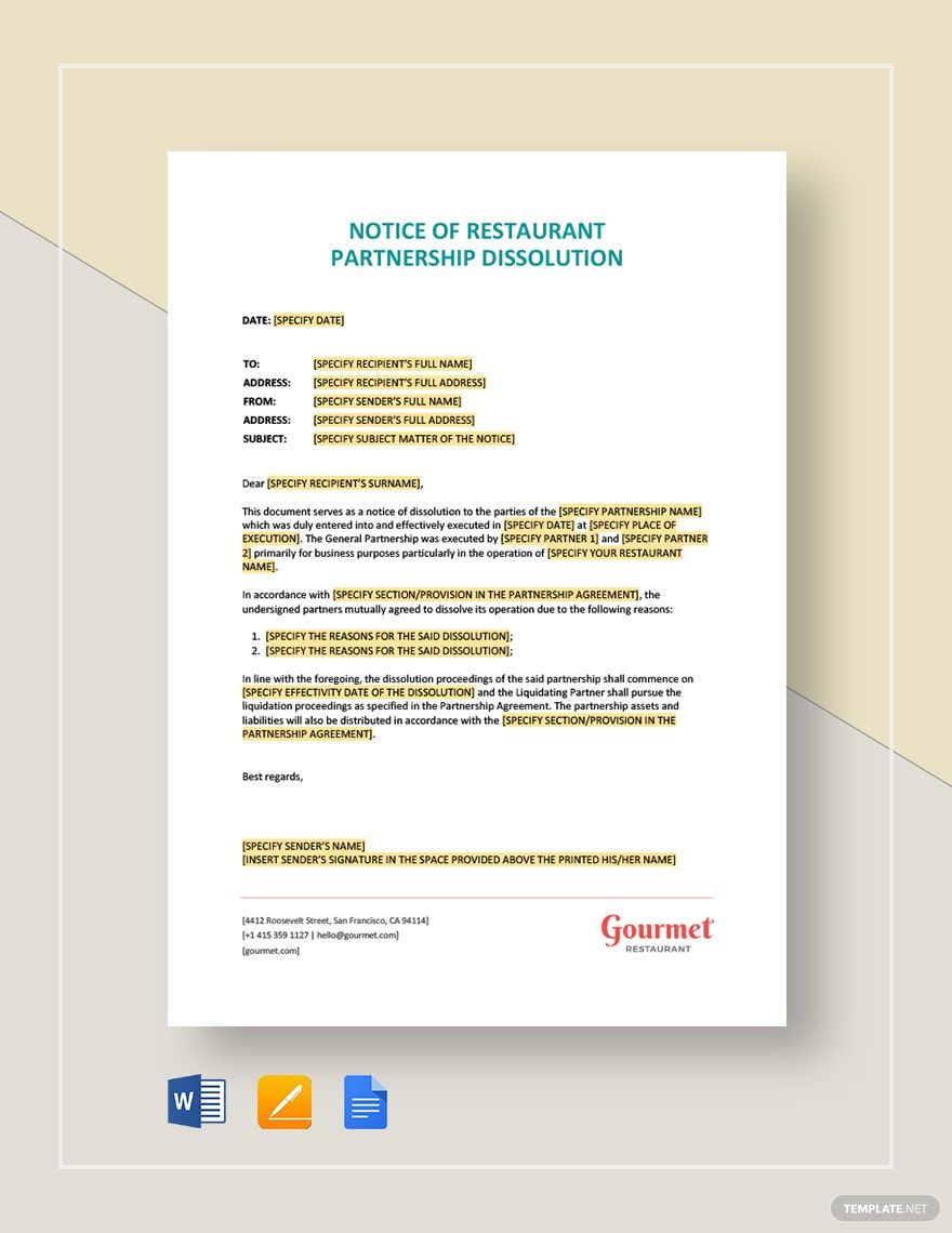Free Notice of Restaurant Partnership Dissolution Template