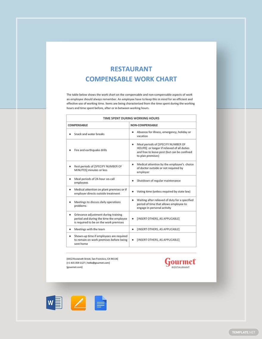 Restaurant Compensable Work Chart Template