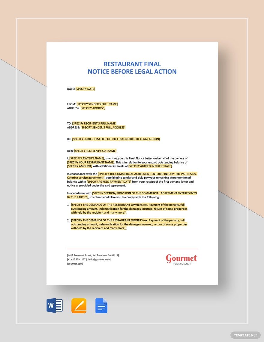 Restaurant Final Notice Before Legal Action Template
