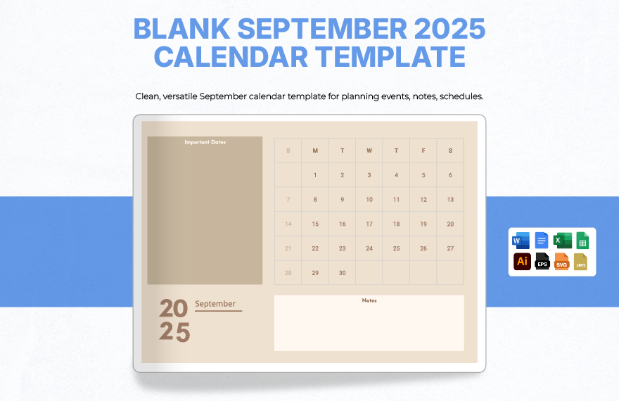 Blank September 2023 Calendar Template in Illustrator, JPG, EPS, Excel, Word, SVG, Google Docs, Google Sheets to Download
