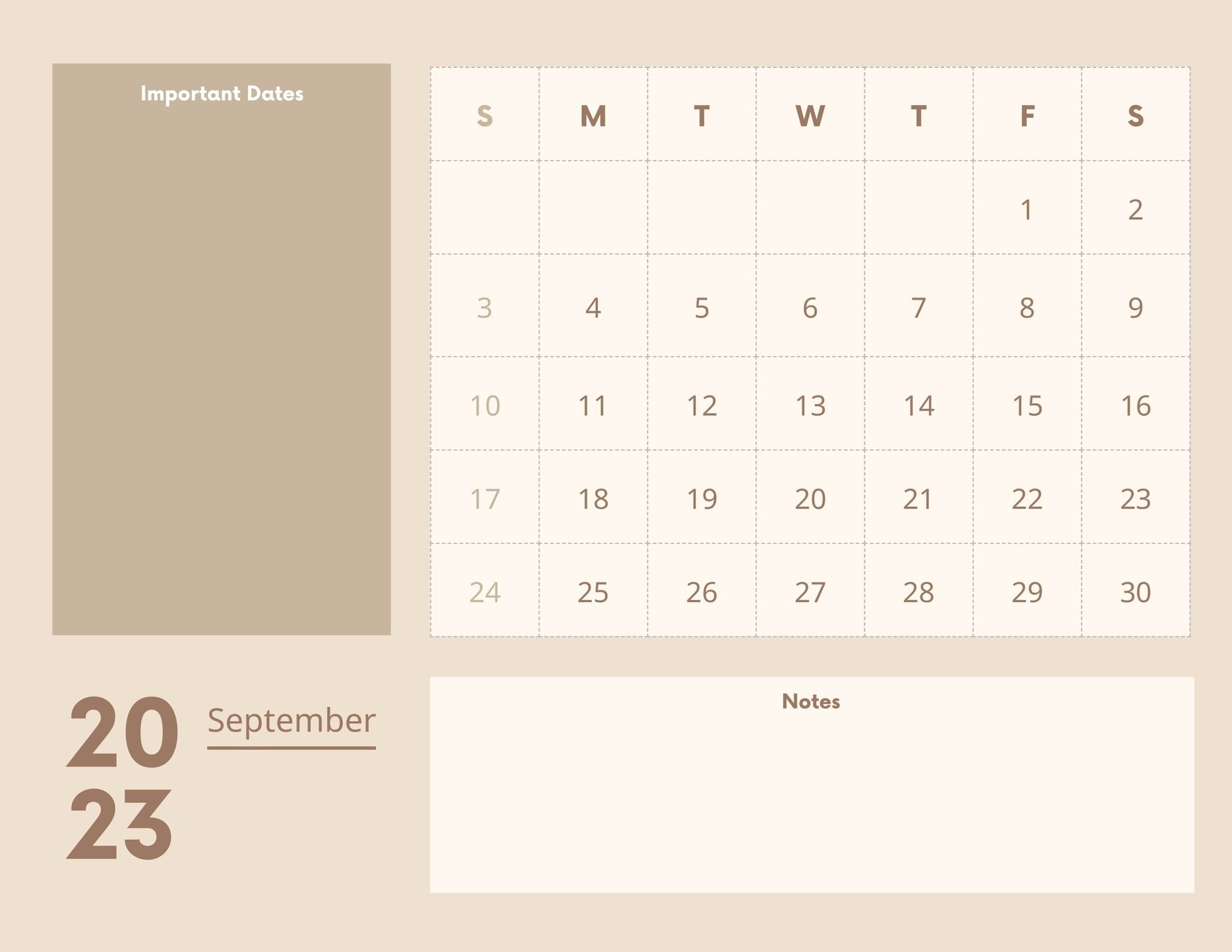 Blank September 2023 Calendar Template