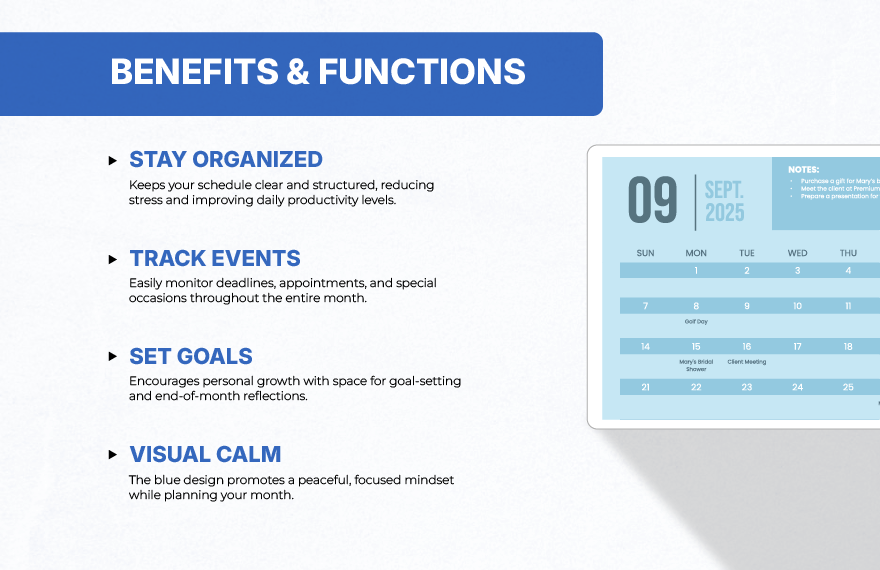 Blue September 2025 Calendar Template