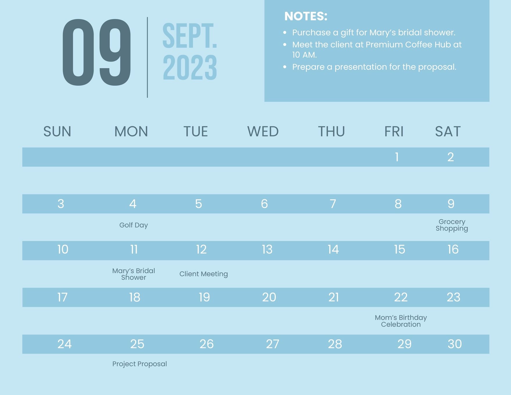 Blue September 2023 Calendar Template in Word, Google Docs, Excel, Google Sheets, Illustrator, EPS, SVG, JPG