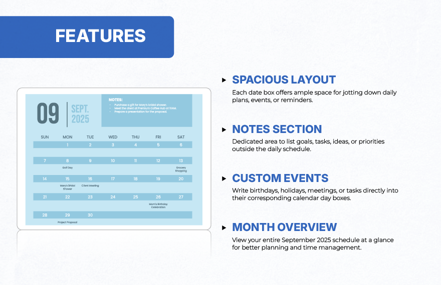 Blue September 2025 Calendar Template