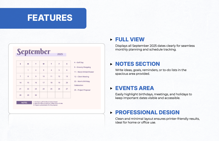 September 2025 Monthly Calendar Template