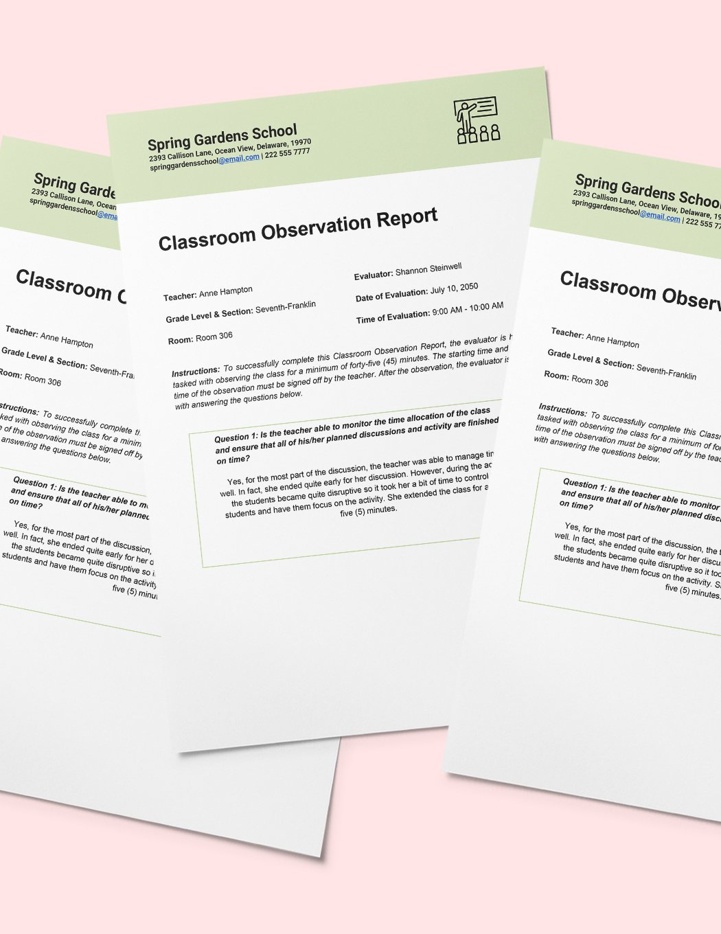 Sample Classroom Observation Report Template