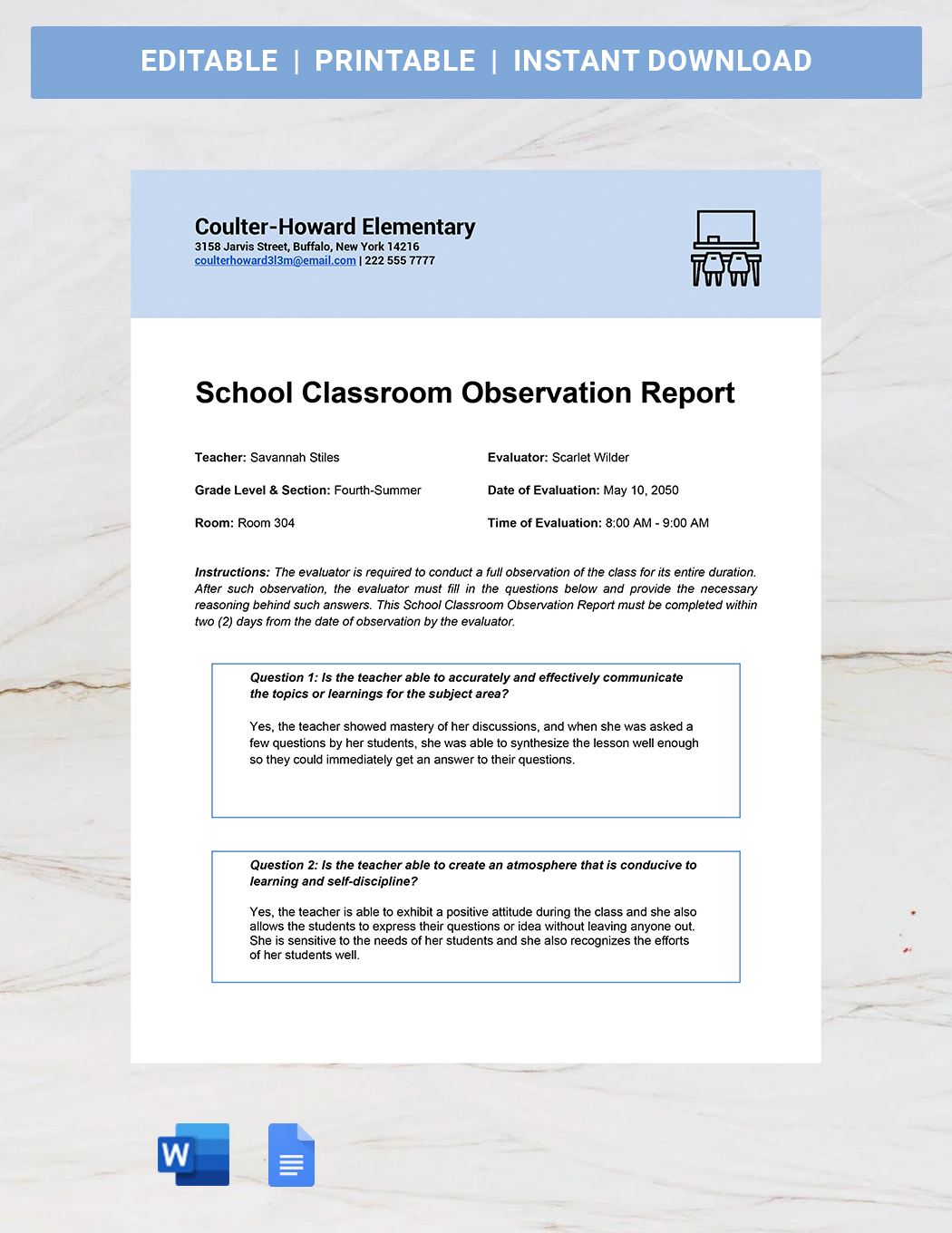Classroom Observation Report Template Google Docs Word Template