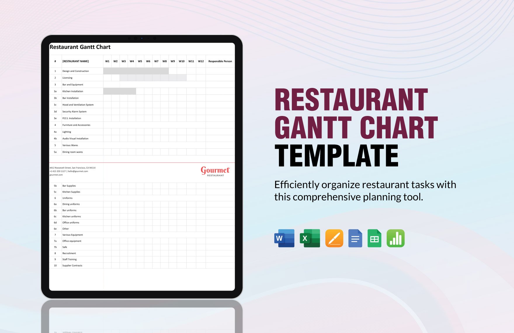 Restaurant Gantt Chart Template in Word, Google Docs, Excel, Google Sheets, Apple Pages, Apple Numbers