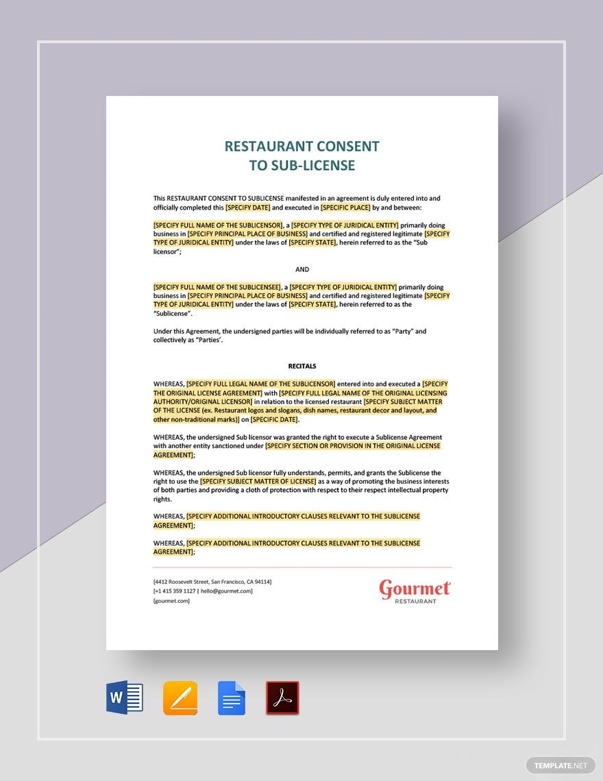 Restaurant Consent to Sub-License Template