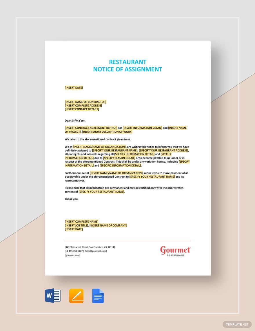 Free Restaurant Notice of Assignment Template