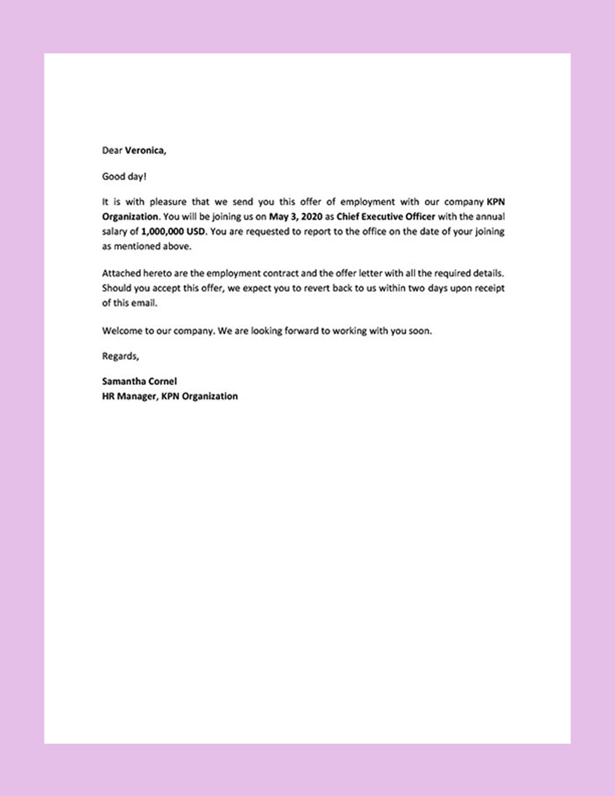 Company Offer Letter Template - Google Docs, Word 