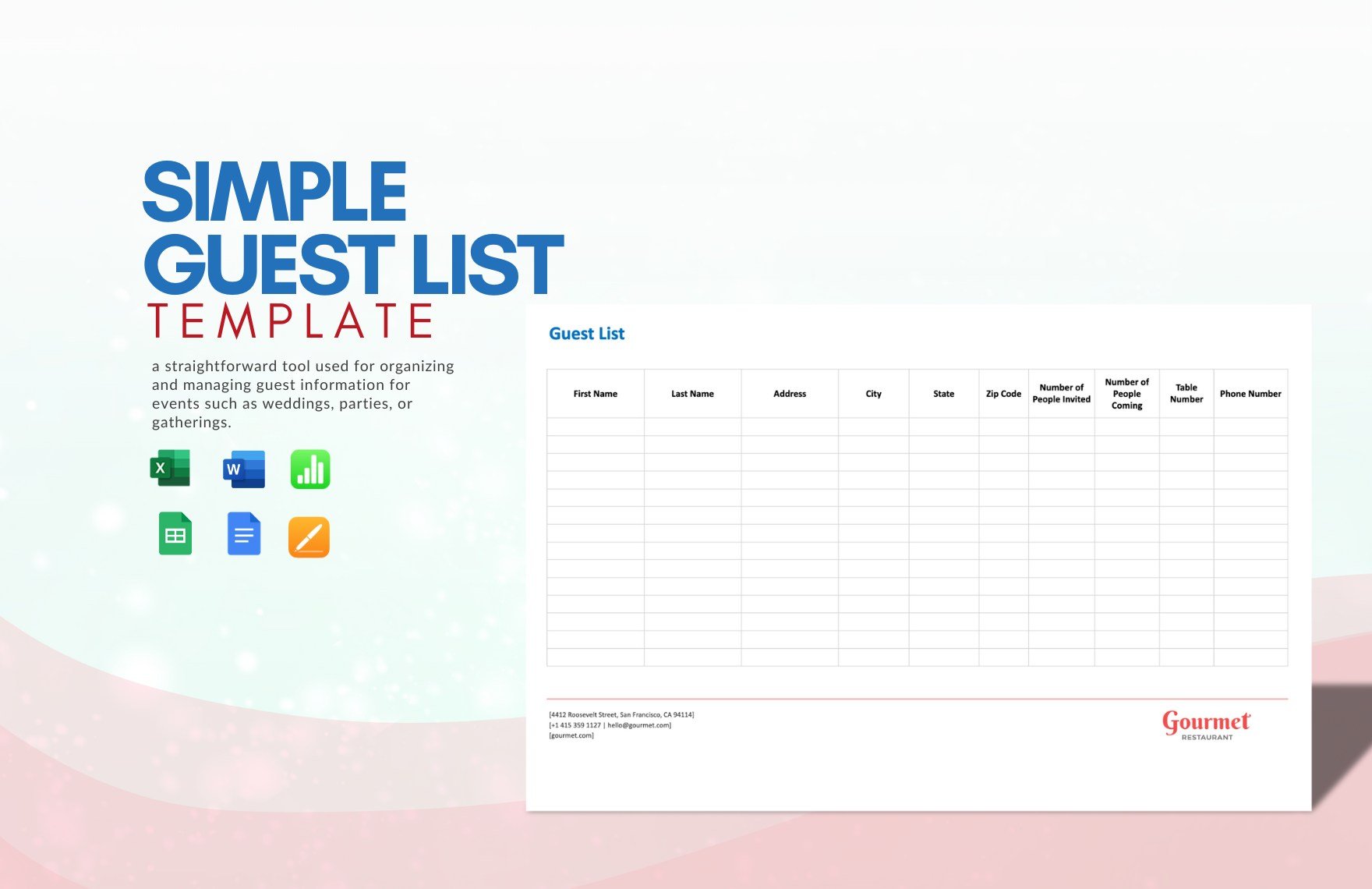 Free Simple Guest List Template in Word, Google Docs, Excel, Google Sheets, Apple Pages, Apple Numbers