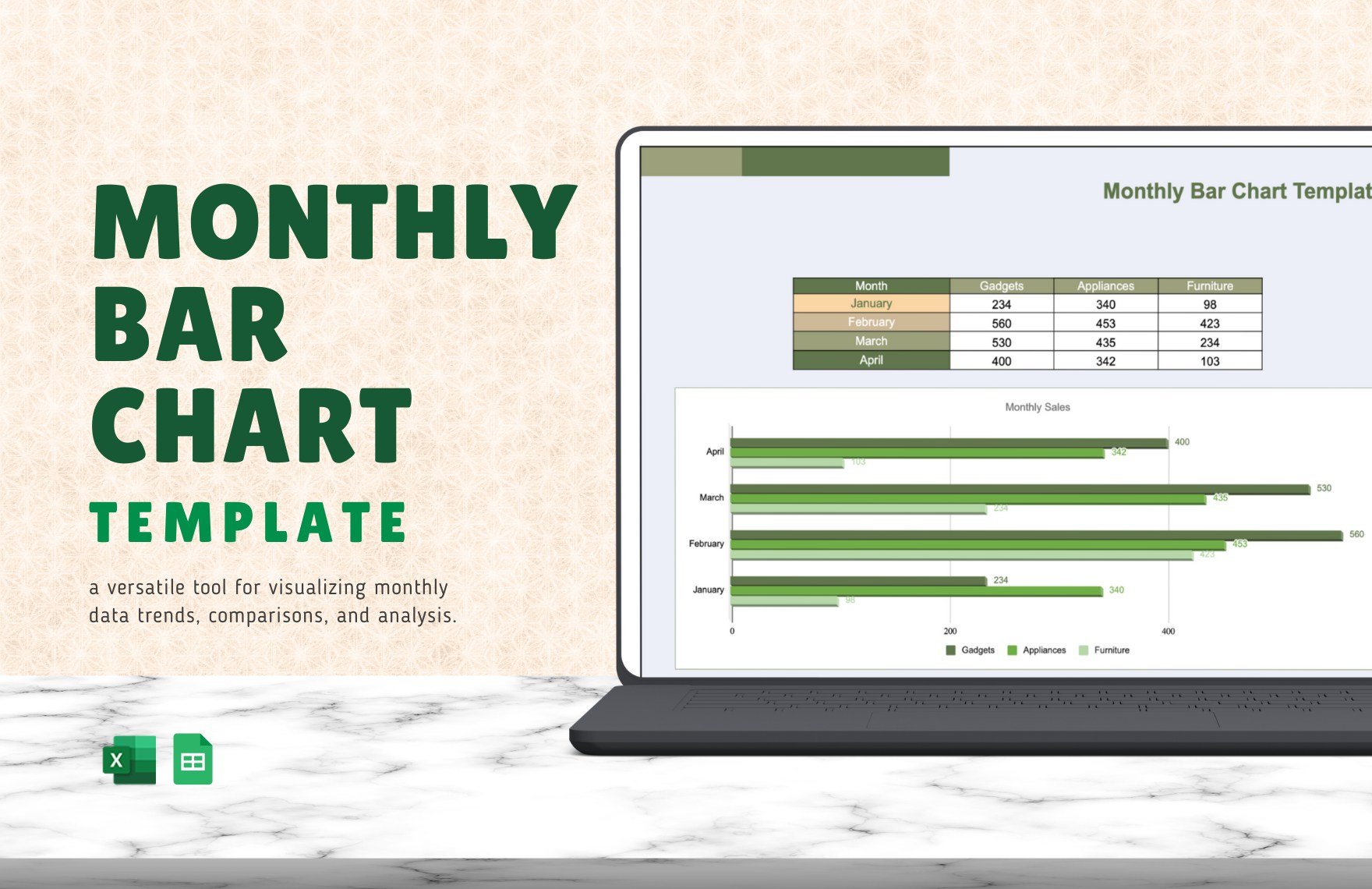 Monthly Bar Chart Template in Excel, Google Sheets