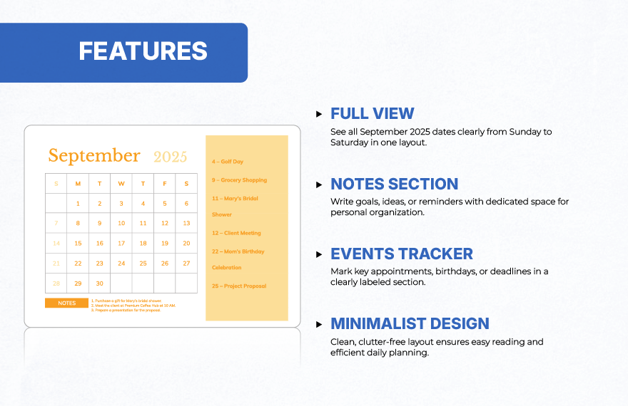 Printable September 2025 Monthly Calendar Template