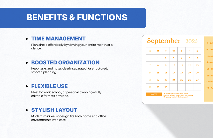 Printable September 2025 Monthly Calendar Template