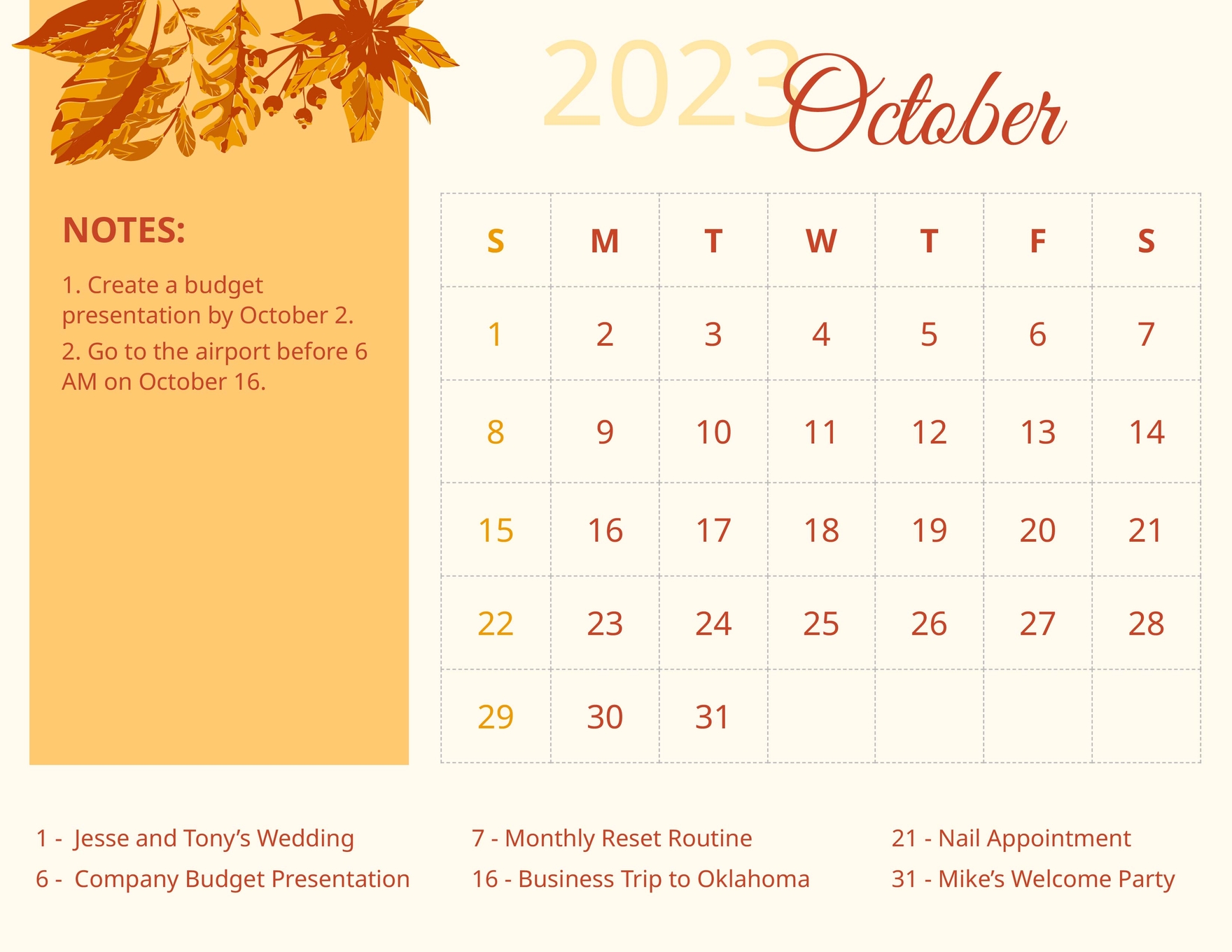 October 2023 Calendar Template