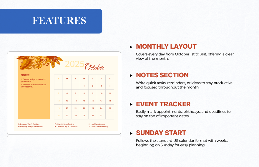 October 2025 Calendar Template