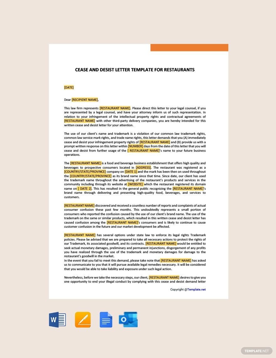 Cease and Desist Letter Template for Restaurants