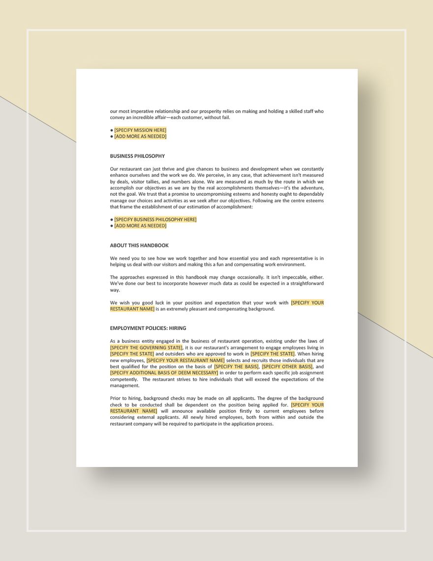 Restaurant Employee Handbook Template Google Docs, Word, Apple Pages