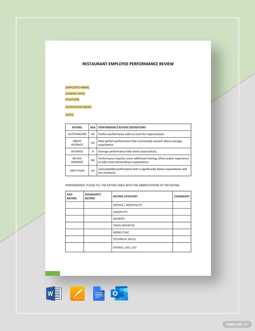 Restaurant Employee Performance Review Form Template