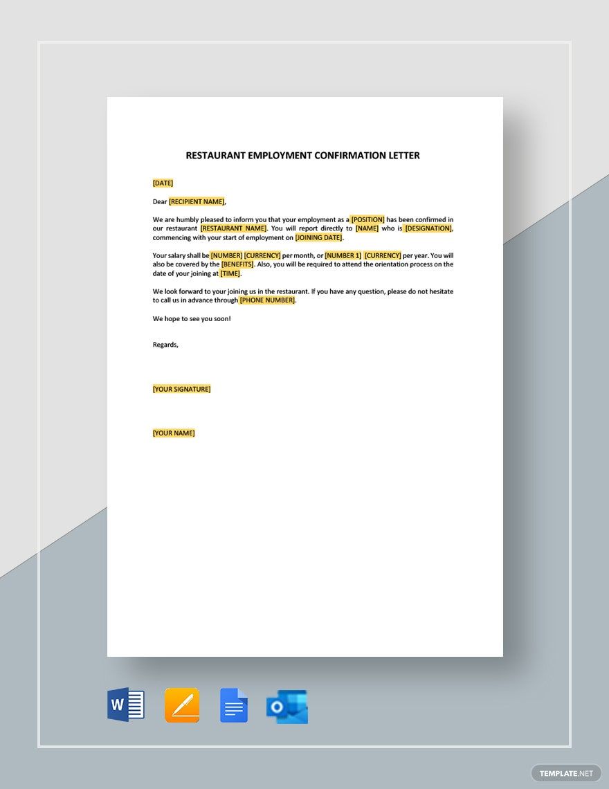 Free Restaurant Employment Confirmation Letter Template