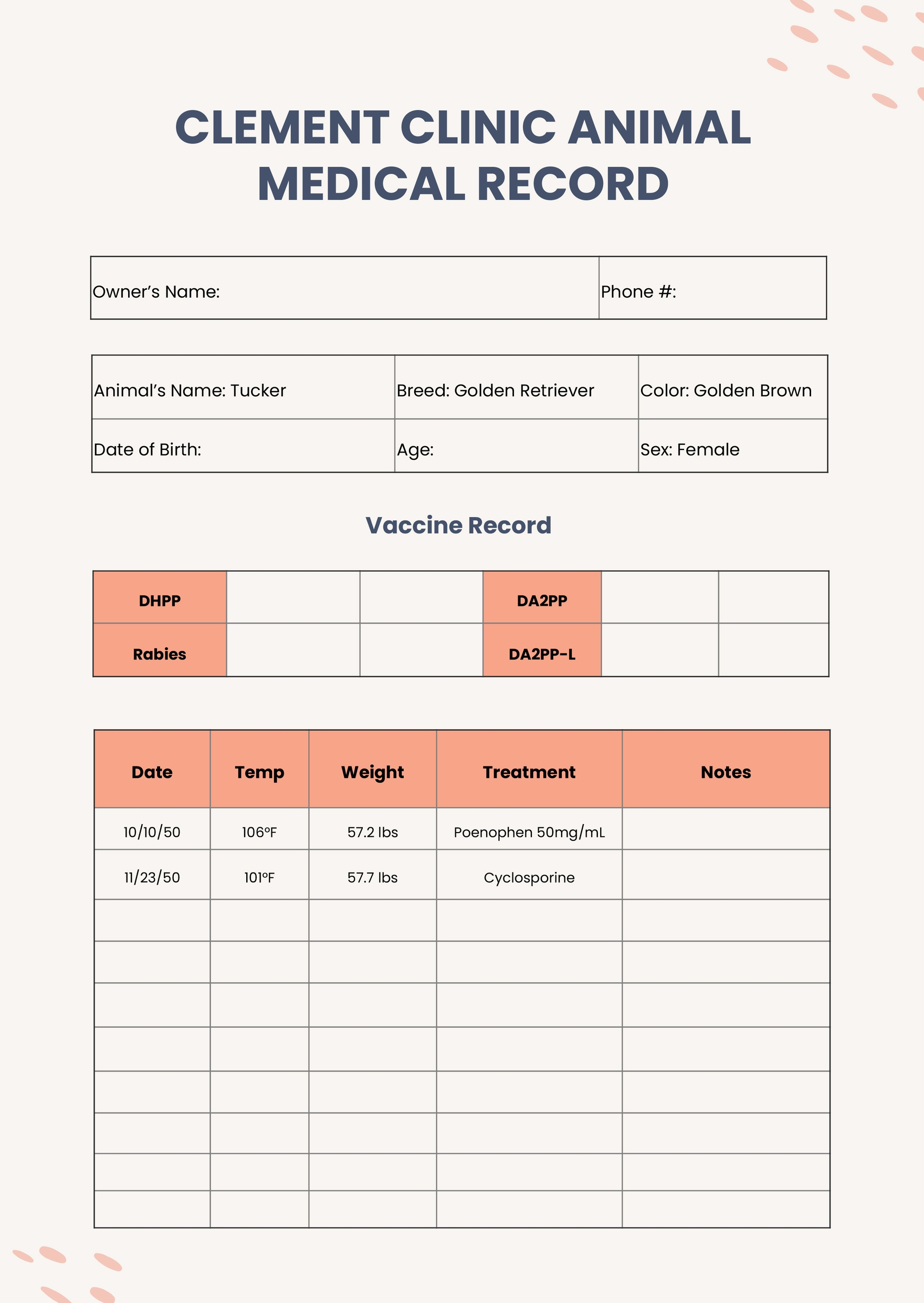 veterinary travel sheet template