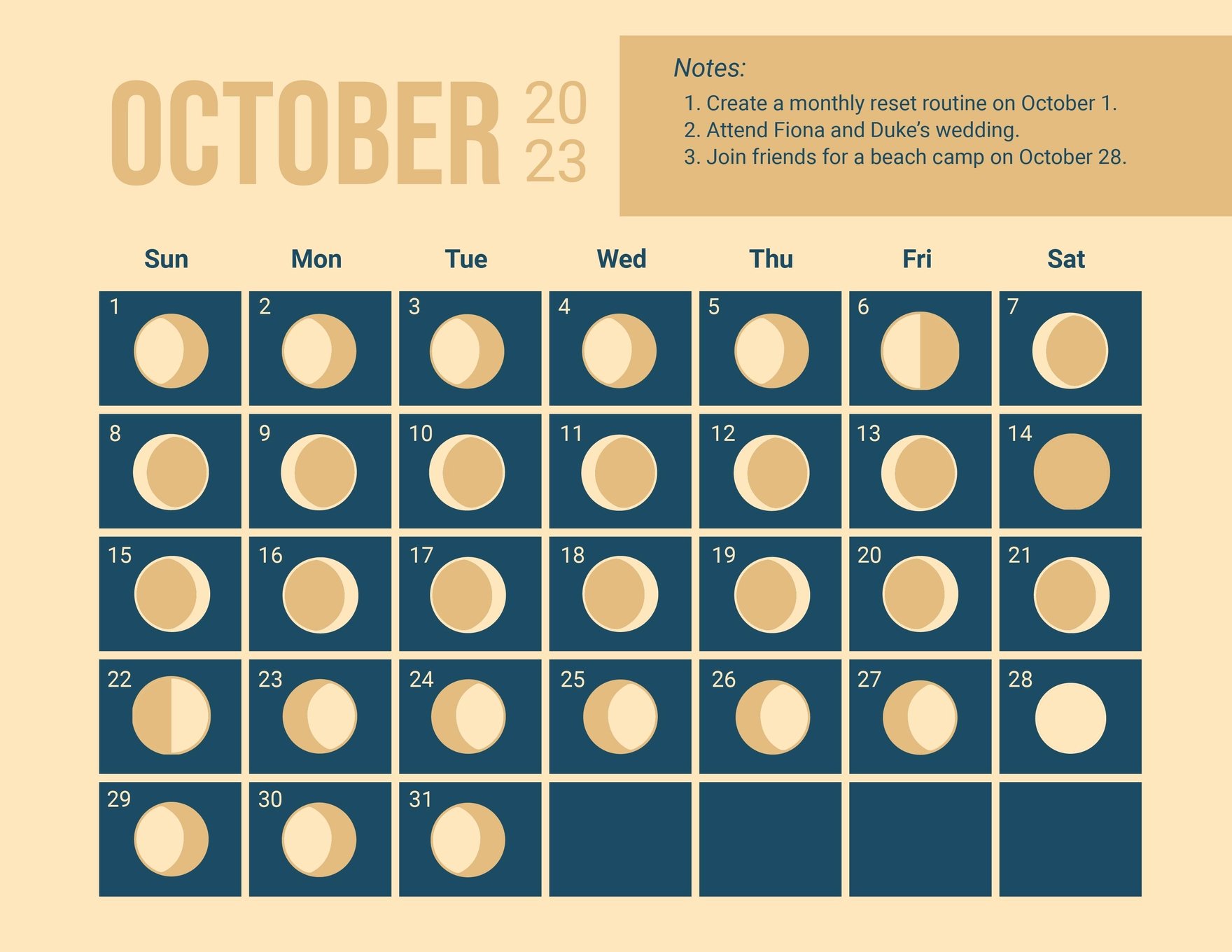 October 2023 Calendar Template With Moon Phases