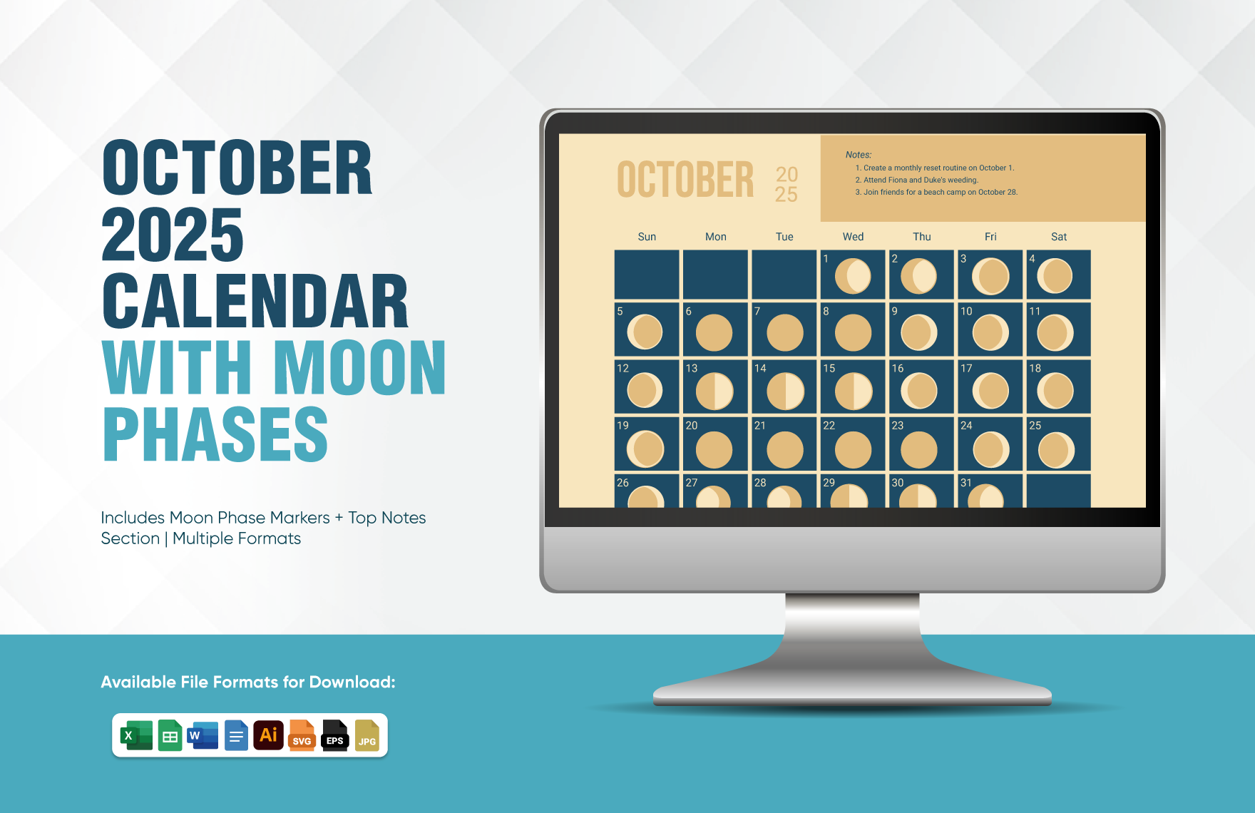 October 2025 Calendar Template With Moon Phases