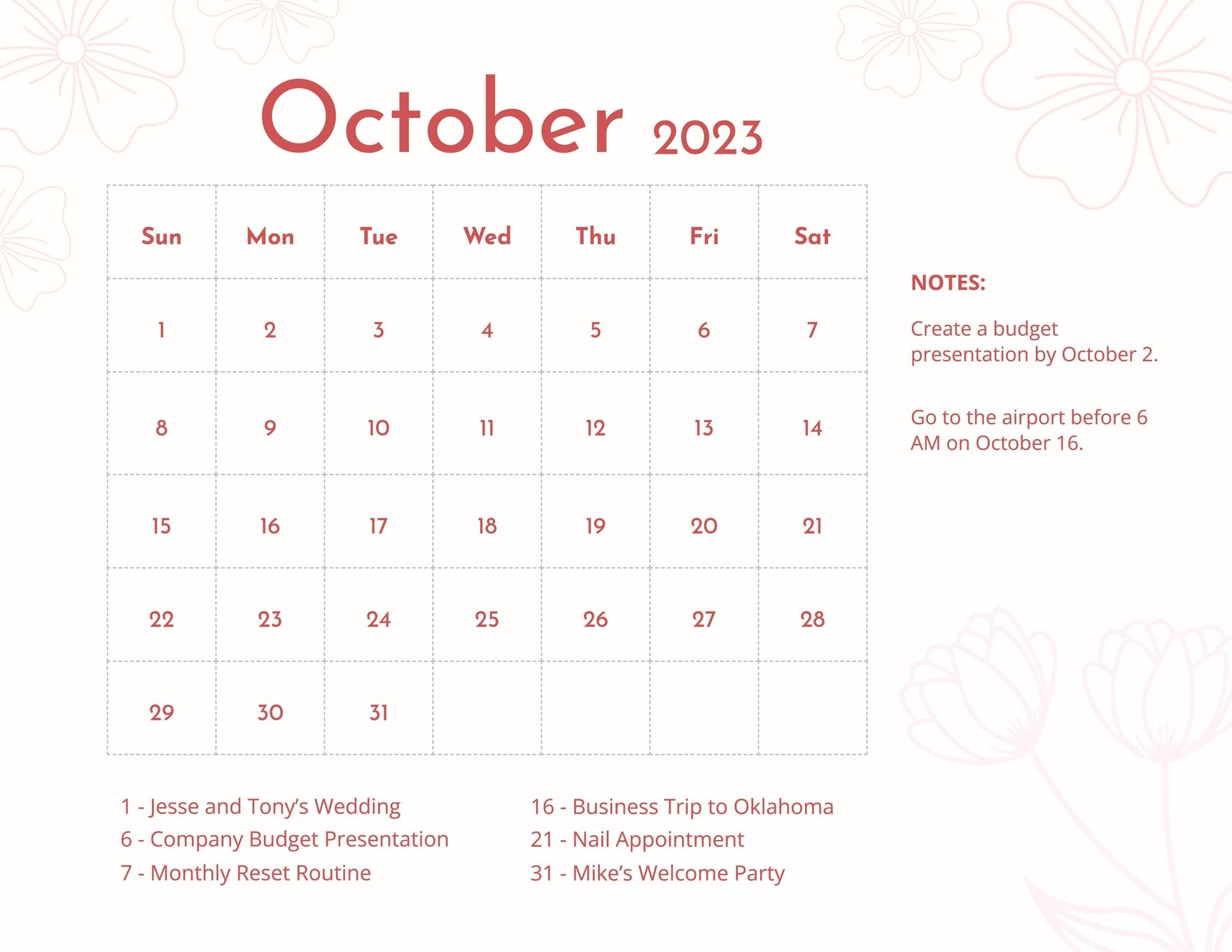 Floral October 2023 Calendar Template