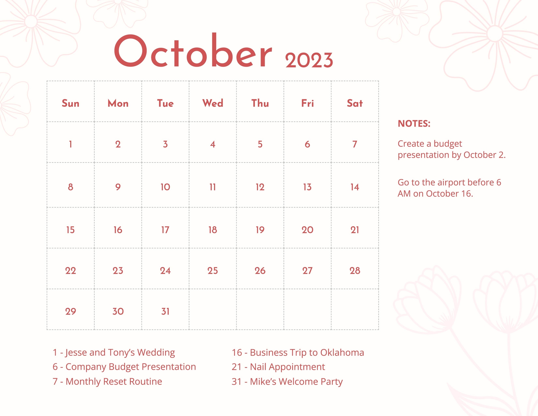 Floral October 2023 Calendar Template in Word, Google Docs, Excel, Google Sheets, Illustrator, EPS, SVG, JPG