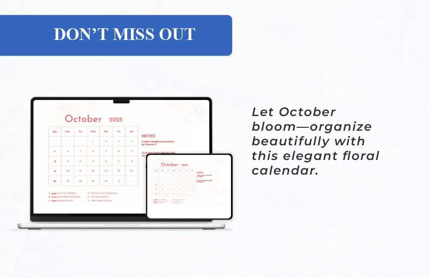 Floral October 2025 Calendar Template