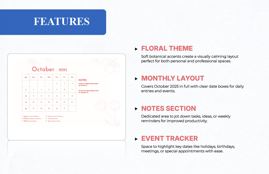 Floral October 2025 Calendar Template