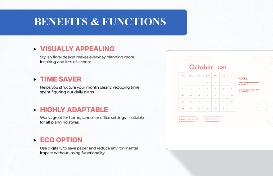 Floral October 2025 Calendar Template