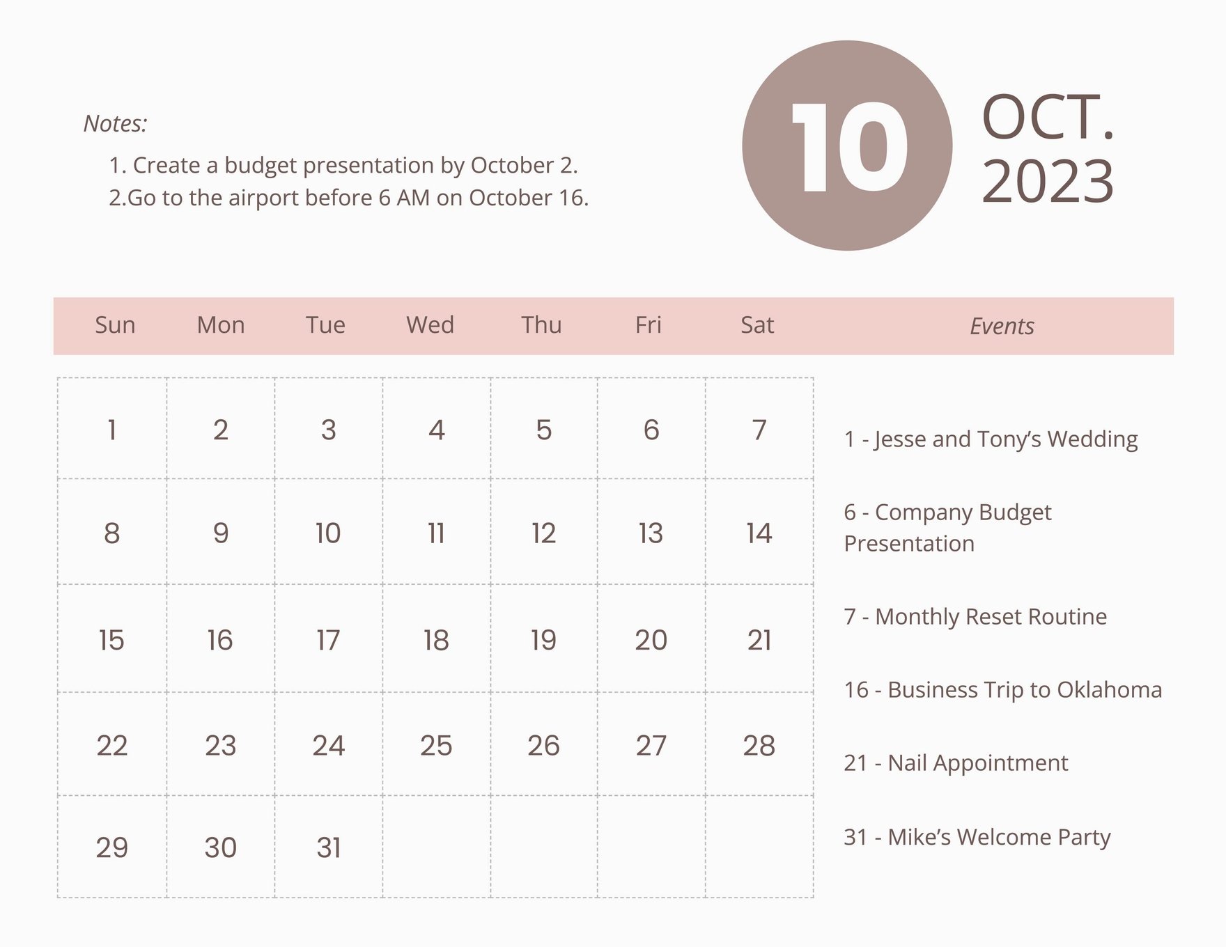 Printable October 2023 Calendar Template