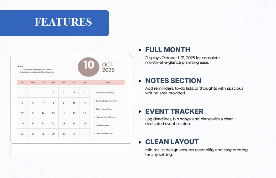Printable October 2025 Calendar Template