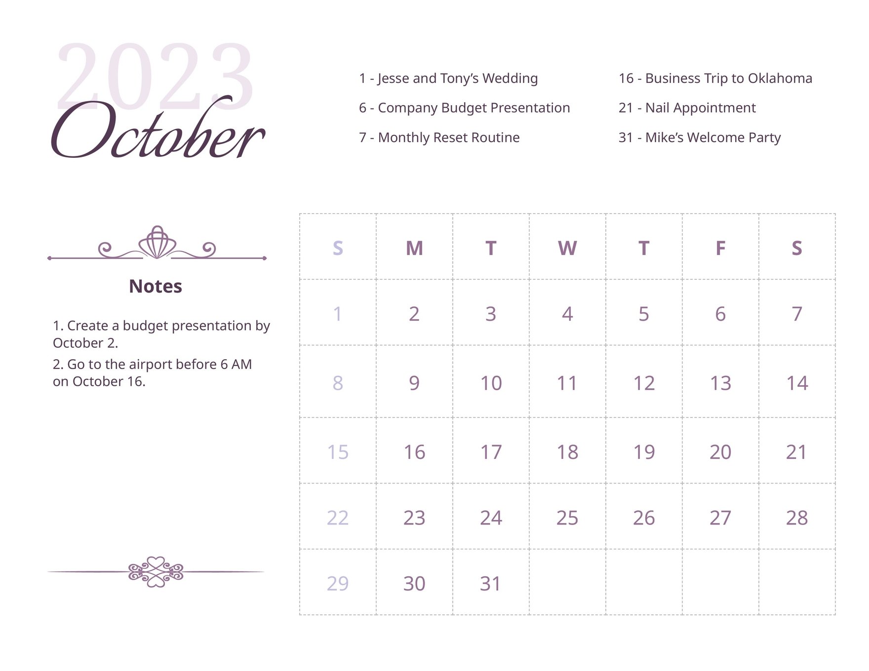 Pretty October 2023 Calendar