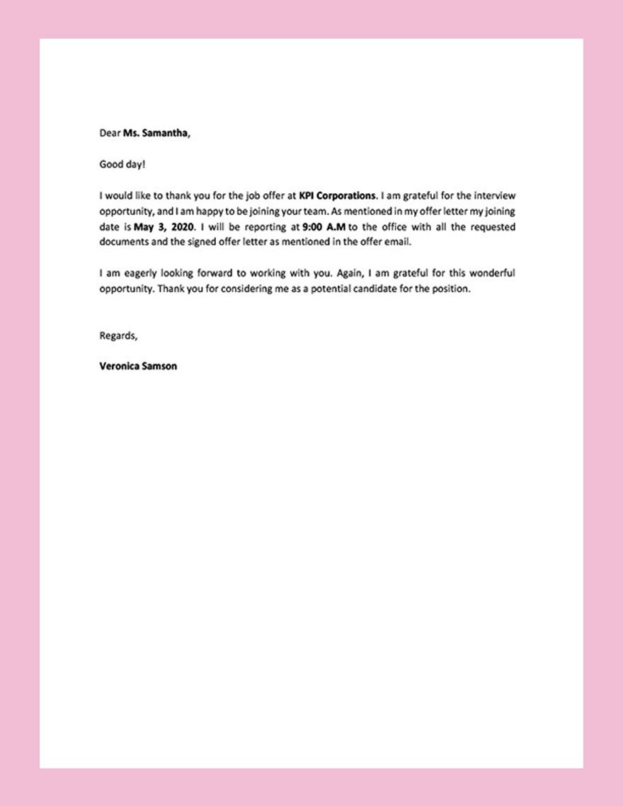 Job Offer Thank You Letter Template