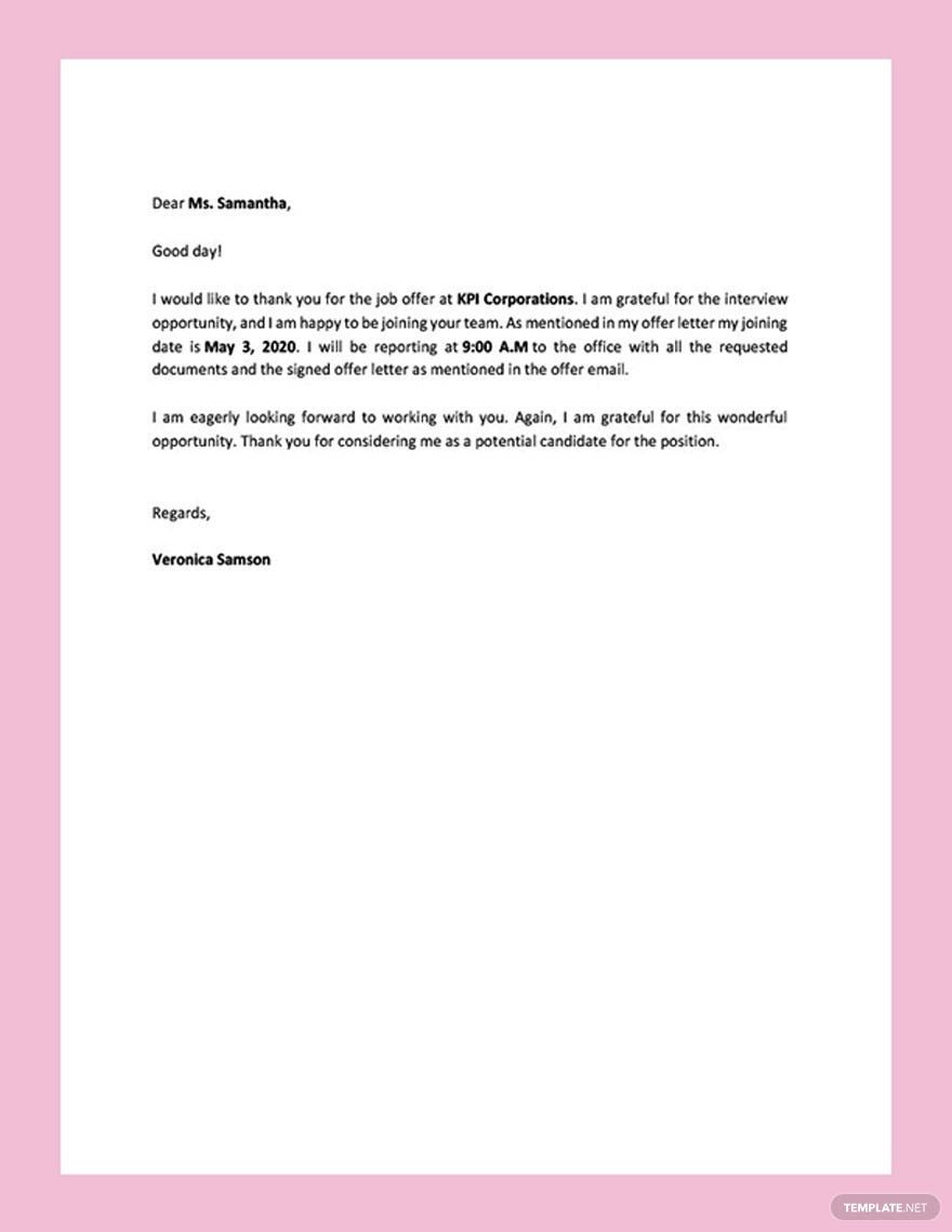 Job Offer Thank You Letter in Google Docs, Word, PDF - Download | Template.net