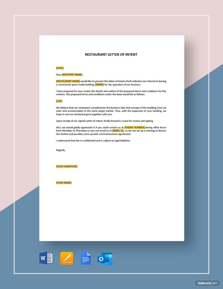 Restaurant Letter of Intent in Word, Google Docs, PDF, Apple Pages, Outlook